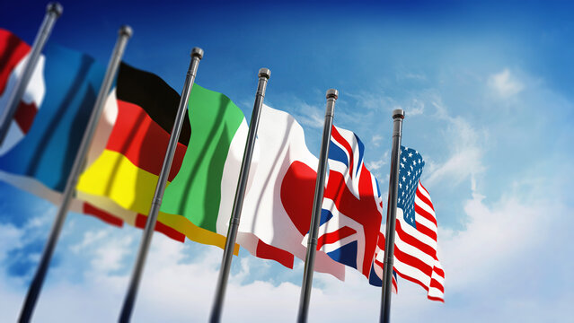 Waving G7 country flags on blue sky background. 3D illustration