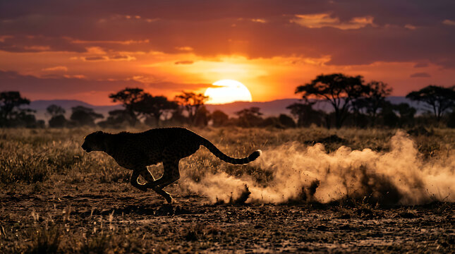 A breathtaking silhouette of a majestic cheetah in full sprint across the African savanna, kicking up a dramatic cloud of dust against a vibrant, fiery sunset sky