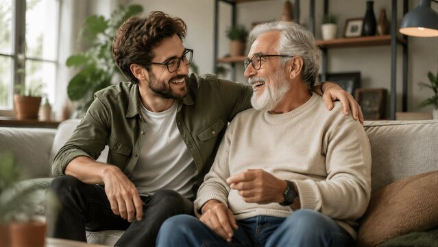 Young man sharing laugh with elderly father at home