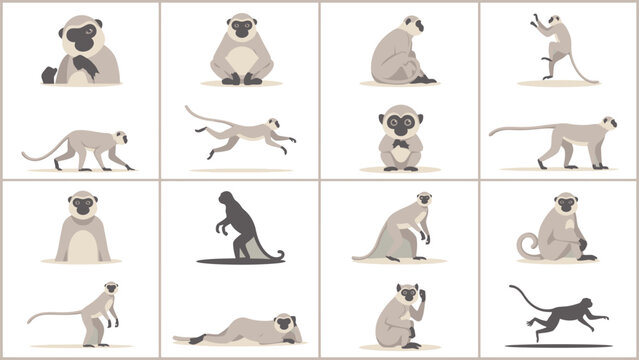 Playful collection of lemur characters in various poses and actions including sitting, running, and jumping style