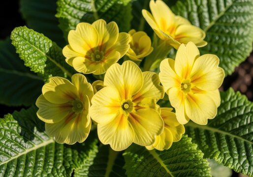 Vibrant yellow primrose flowers blooming profusely in the warm early spring sunlight, showing delicate petals and rich green foliage, wallpaper, yellow, green