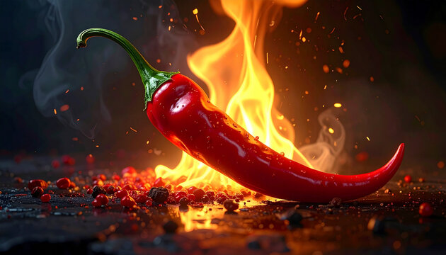 Red hot chili pepper with flames and sparks intense heat