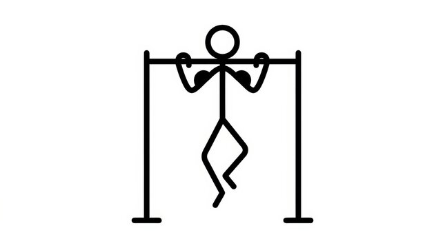 Minimalist stick figure pull-up exercise, black line art athlete on horizontal bar, simple gym workout icon for fitness and strength training