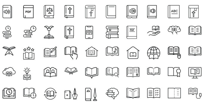 Book reading line icons set with education library, study knowledge, e-learning research, literature document & more vector illustration with editable stroke.