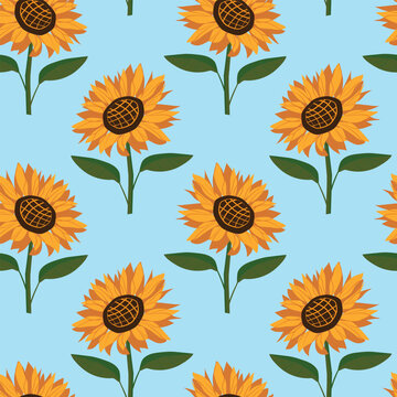 Seamless pattern for fabric and wrapping paper, pattern with yellow flowers on a blue background, botanical pattern with sunflowers.