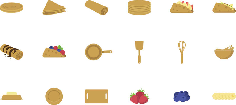 Set of delicious pancake and crepe icons with various toppings and kitchen utensils in a flat vector design