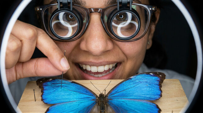 Woman scientist using magnifying glasses to examine blue butterfly specimen. Entomologist pinning insects for research collection. Biological study and preservation of wildlife species