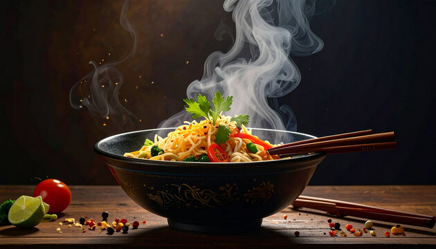 Hot steaming bowl of Asian noodles with chopsticks on wooden table