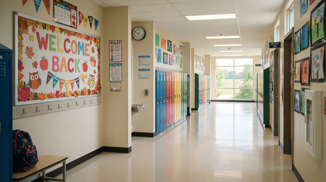 Back to school, Empty interior of a vibrant elementary school hallway featuring colorful lockers and a welcome back bulletin board