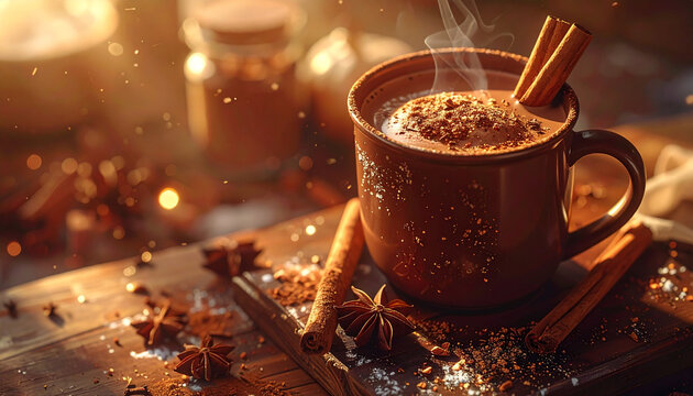 Steaming Hot Chocolate in Mug with Cinnamon Sticks and Star Anise