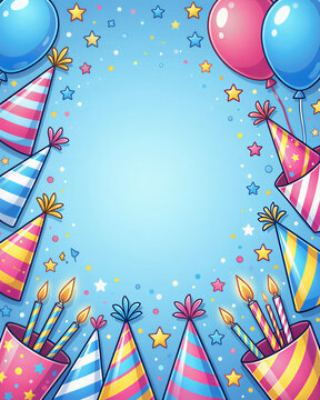 Colorful birthday illustration with party hats, balloons, confetti, and stars on a blue background celebrating a birthday.