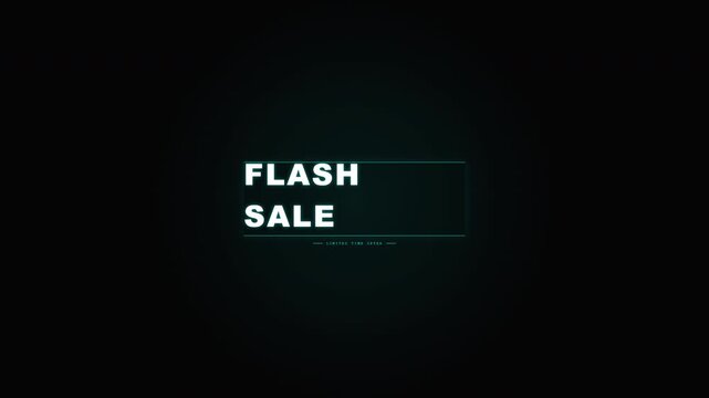 Futuristic 'Flash Sale' text animation with digital glitch effects on a black background