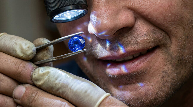 Gemologist holding a blue sapphire with tweezers and using a magnifying lamp. Expert examining a precious stone for quality and clarity. Jewelry industry professional at work in workshop