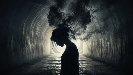 Fototapeta premium Silhouetted woman with smoke forming faces in tunnel