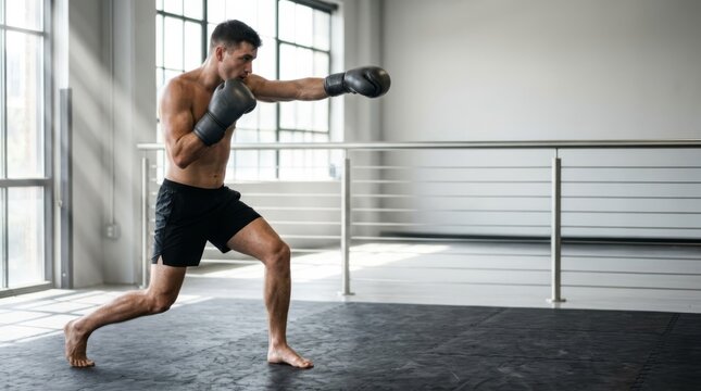 Male kickboxer performing dynamic footwork in a bright, modern studio, captured with compression for a powerful action shot with copy space