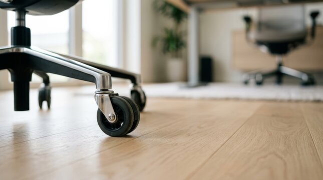 Office chair casters on light oak floor, close-up detail for modern workspace, shallow depth of field, neutral lighting.