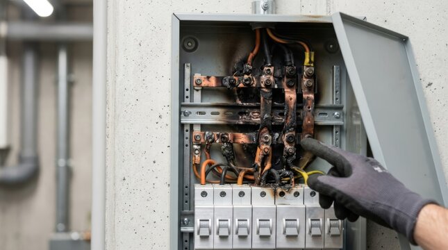 Electrician inspects damaged electrical panel with scorched bus bars and burnt wires, safety hazard assessment