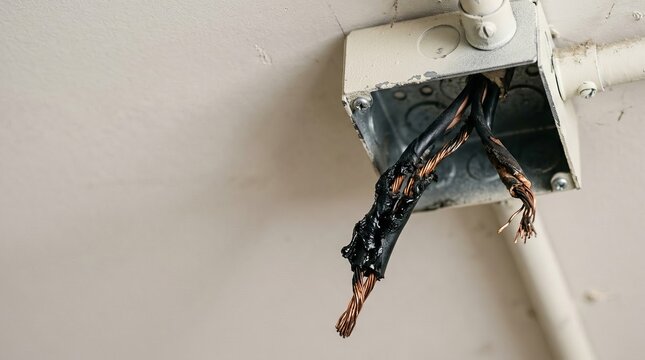 Damaged electrical wires with melted insulation exposed in a junction box, highlighting electrical hazard and repair needs.
