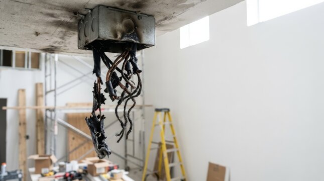 Damaged electrical junction box with melted, burnt wires hanging from a construction ceiling, symbolizing hazard and danger