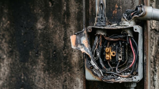 Damaged electrical junction box with melted conduit and charred wires, showing signs of fire and thermal stress for inspection and safety concepts