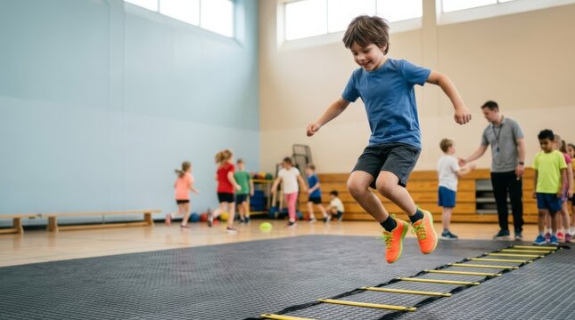Energetic boy jumping over agility ladder in school gym during PE class, teacher and classmates blurred in background