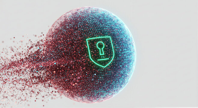 Digital sphere with shield icon and binary data code disintegration effect. Cybersecurity concept representing data protection, encryption, internet safety, and secure information storage
