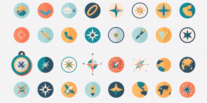 Travel navigation compass and global map icons collection
