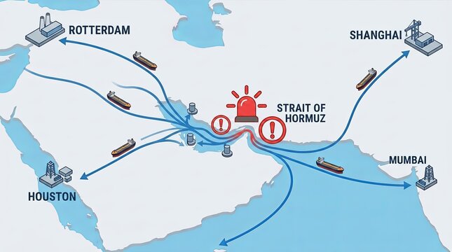 Global Shipping Logistics Infographic Map with Strait of Hormuz Alert Warning