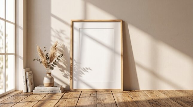 Empty wooden picture frame standing on a rustic wooden table with a small plant in a cozy sunlit room interior next to a window