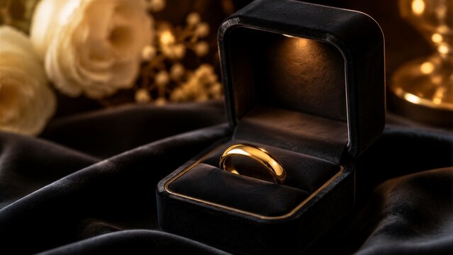 Gold wedding ring resting in open black velvet box