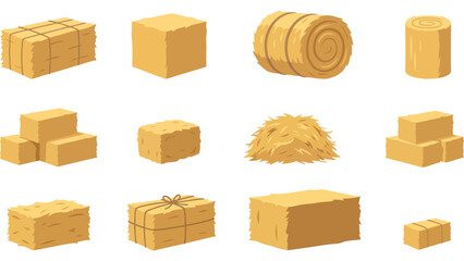 Set of hay bales and straw stacks. Farm harvest elements for autumn seasonal design. © @ahmedmaynul
