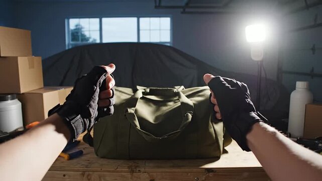 First-Person POV Of A Burglar Inside A Dark Garage Observing An Olive Green Duffel Bag And Covered Car In Suspenseful Scene