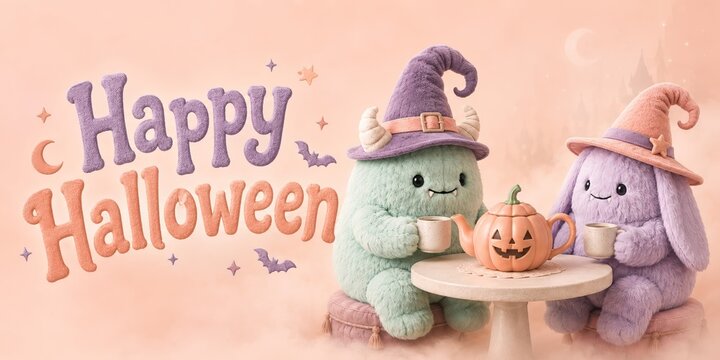 Happy Halloween kids party with two plush monster friends drinking tea beside a pumpkin teapot beneath moon and castle, presenting the trendy pastel cozy spooky greeting banner concept