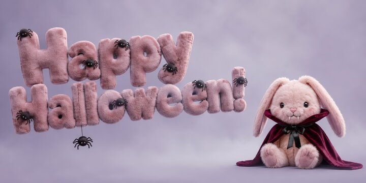 2027 Happy Halloween plush lettering covered with tiny black spiders beside a vampire bunny in a burgundy cape on lavender, highlighting the trendy gothic kawaii spooky greeting banner concept