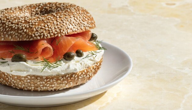 freshly baked sesame bagel sliced in half with whipped cream cheese, smoked salmon, capers and fresh dill
