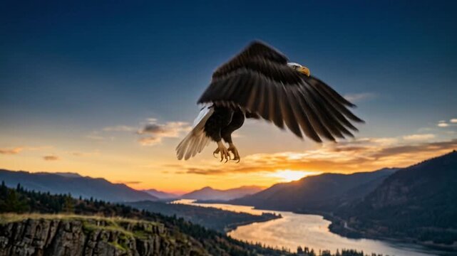 Bald Eagle Taking Flight From Mountain Cliff During Golden Hour Sunrise Over River Valley