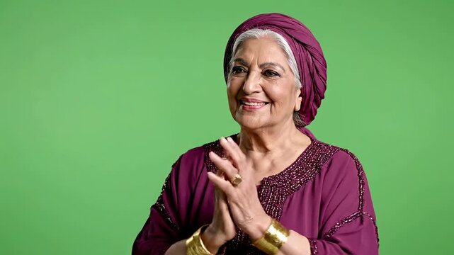 Joyful Middle Eastern Elderly Woman Clapping in Plum Beaded Kaftan Against Bright Green Background
