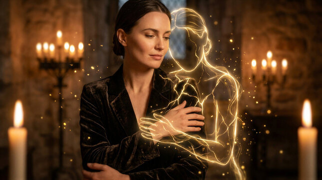 Woman embracing a glowing golden energy silhouette in a candlelit stone interior. Concept of self care, emotional health, mindfulness, inner harmony, connection and spiritual balance
