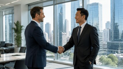 Fototapeta premium Businessmen shaking hands in office with city skyline view