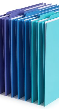 A collection of organized paper file folders arranged in a row, featuring a smooth color gradient transition from deep blue to bright cyan, shadow, depth, color