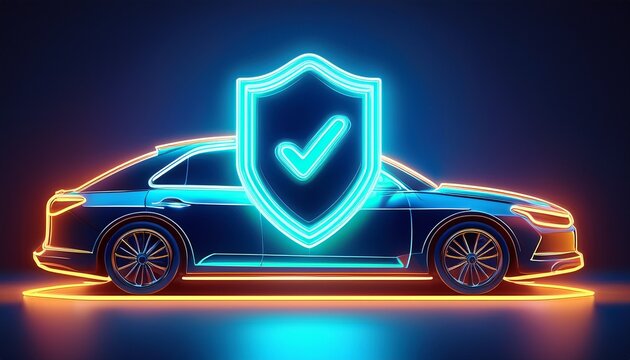 neon outline of a car with a protective shield representing auto insurance and security against risks