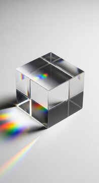 A pristine transparent glass block captures brilliant light rays, creating a spectrum of refractive colors against a clean white background, void, element, ray