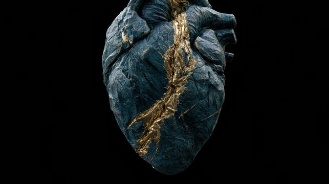 A 3d render features an abstract male heart with small golden cracks symbolizing recovery from illness against a dark background