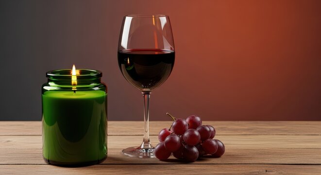 A soy wax candle inside a dark green glass bottle sits on a rustic wooden table beside a full glass of red wine and fresh purple grapes, wood, fruit, luxury