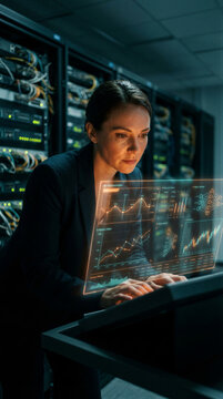 Woman network engineer analyzing digital data charts on holographic interface in server room. Cybersecurity specialist monitoring cloud infrastructure and system analytics in data center