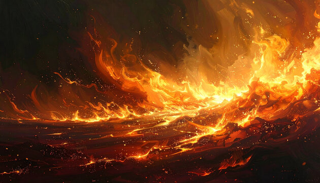 Fiery inferno engulfing a chaotic dark ocean surface