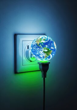 Realistic electrical wall socket where a miniature planet earth is plugged in, representing global power consumption and green energy usage, global, grid, hardware