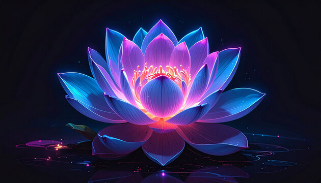 Neon Lotus Flower Glowing With Pink and Blue Light on Dark Background