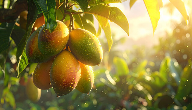 Ripe mangoes on a branch with water droplets in bright sunlight