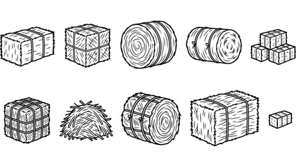 Hay bale collection. Set of farm straw stacks and dry grass rolls for autumn harvest design. © @ahmedmaynul